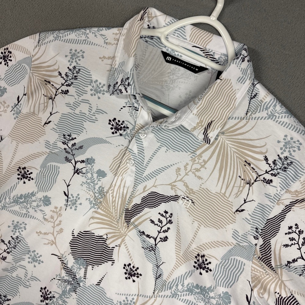 Travis Mathew Polo Shirt Mens Large White Floral Geometric Short Sleeve Golf